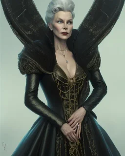 old evil queen in black leather gown, femme fatale, volouptous, busty, cleavage, angry, emperious, 8k resolution concept art portrait by Greg Rutkowski,