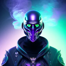 purple galaxy masked villain, futuristic, teal and purple smoke, full portrait, hyper realistic, 4k