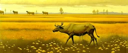 dynamic composition of an Elk off-center in a prairie field, canola plants hinted in corners of foreground, wildlife illustration, Robert Bateman