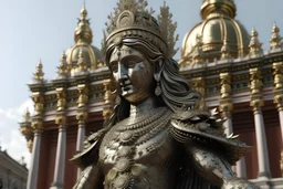 3D Render of , High Detailed, ; a deity covered by metallic fringes moving rapdly-blurried; BACKGROUD: 1600 city; colonial architecture; barroco churches