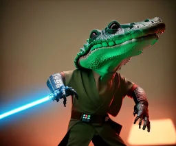 Star wars animation, crocodilian, frills, short snout, samurai robe, holding lightsaber, hands, wrist gauntlets