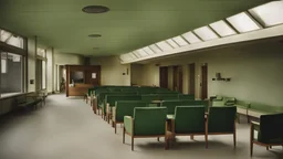 Salle d'attente, hôpital, chaises vert espastel, et bois, style autochrome