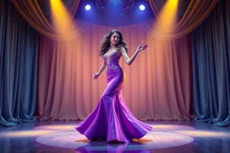 modern stage with gray-dark yellow blueish violet theme artistic decoration , color full dynamic lighting, a beautiful lady in maxi dress with shining silver jewels ,curvy long hair,dancing, 3D recursive fractal structure animating background