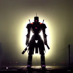 A portrait of a Robot, Japanese cyber samurai, art by Yoji Shinkawa, artist, cold ambient, rain, fog, latex, cables, purpurin, black, decorative color lights, neon style, a lot of led lights, fog, rain, vibrant color, highly detailed, art stations, concept art, smooth, unreal engine 5, god rays, ray tracing, RTX, lumen lighting, ultra detail, volumetric lighting, 3d, finely drawn, high definition, high resolution.