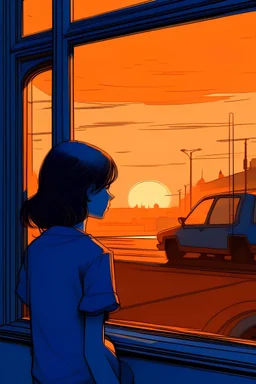 dibuja a una chica mirando hacia la ventana,la chica está de color azul y en la ventana hay un cielo naranja el cual car sobre ella sombras naranjas