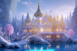 a magical crystal snow pink gold house palace in the woods, blue lake,sun,white swanns,pink vertical, blue lake,sharp, vines, candlelit, endor, ornate, elegant, highly detailed, artstation, concept art, smooth, sharp focus, illustration, 8k, splash art, wallpaper, key visual