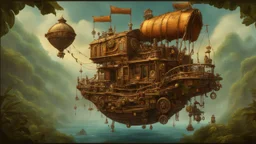 steampunk gipsy caravan crossed with a boat flying high over a jungle with platforms, verandas, and people, cogs, pullys, intricate