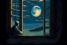 image of Van Gough sitting and looking at the moon through the window