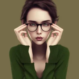 Woman, short brown hair, glasses, book in the hand, green sweater, beautiful face