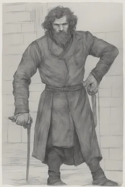 man, age 20, medieval, fighter, russian, croocked nose, czar, rich, simple clothes, short messy hair, thick beard, oligarch, leather coat with fur, brocade clothes, pencil drawing, black or red hair, muscles