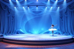 modern stage with gray-blue theme artistic decoration , color full dynamic lighting, a beautiful ballerina dancing, 3D recursive fractal structure animating background