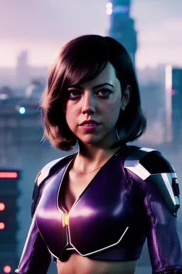 Young Aubrey Plaza, Futuristic cyborg, portrait from waist up, vibrant hair color, vibrant eye color, intricate eyeliner, vibrant eyeshadow, clear completion, soft lighting, 4k resolution, intricate details, insanely detailed, colorful cityscape background, masterpiece, expert, cinematic smooth, retroanime style, realistic details, no helmet
