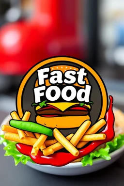 A circle logo with fast food writing and a big hamburger and fried green sausage and ketchup around with red and yellow colors and suitable for fast food