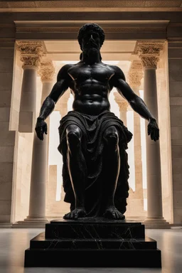 black marble statue of a greek god with glowing chakras emanating from microscopic cracks in the marble