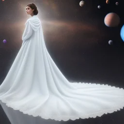 model shoot style, digital art zoomed out portrait of (Princess Leia) ((dressed in white and off white gown)), surrounded by planets, ultra-detailed, ultra quality, ((official character art)), (dark fantasy), illustration, eerie atmosphere, 8k, cinematic lighting, bokeh