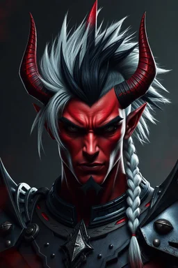 male , devil horns, white and black hair, mohawk spike braid, spikes, red skin, demonic hair, demonic face, armor