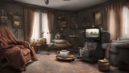 Photorealistic old woman's living room. Comfortable but not large, with a table and old tv. The recliner faces the tv. A small stool on wheels sits beside the tv. There is an open fireplace with coal fire. The drapes appear to be hand sewn and tidy. Tray with teapot and milk jug and cup on the table. Knitting on stool.