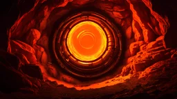 top down shot of a scifi geothermal generator glowing orange inside a cave