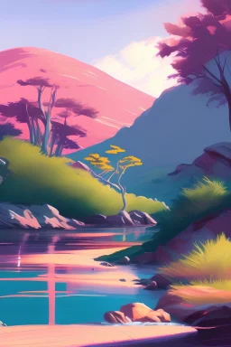 maximilist scenery catoon image with no text and pastel light colours