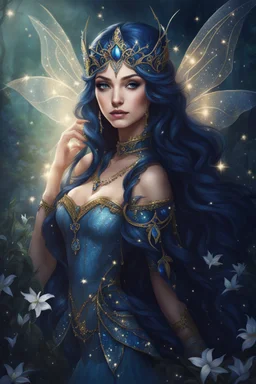 Midnight blue,Dark blue hair,night,dark fairy princess ,elven crown,elven ears,sparkle,glitter,lillies of the valley,gold armor,dragonflies,rapunzel hair