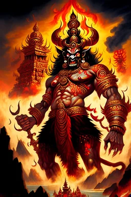 Behold the formidable and fearsome Ravana a malevolent rakshasa of the highest order reigning supreme over the mystical and enigmatic isle of Lanka with his numerous diabolical heads, looming over the fiery and chaotic landscape, the scene is depicted in a digital painting with intricate details inspired by hindu mythology and art style of raja ravi varma, with sharp focus and warm lighting, additional reference artists include sanjay patel, abhishek singh, and tracie ching. trending on artstati