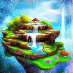 Cybeepunk picture, fantasy, Beautiful water falls, floating island