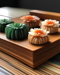 Wagashi shaped like flowers, impacted and separated by wooden slats