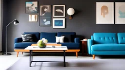 Blue sofa and armchair against black paneling wall. Art deco home interior design of modern living room.