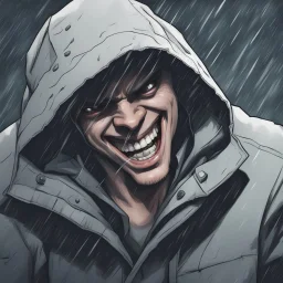 a closeup of a psychopathic young man with white eyes in a heavy coat and hood during a rainstorm laughing cartoon