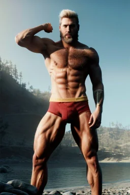 Ignore NSFW, teenager young rugged attractive slightly muscular fantasticly handsome blonde man, red briefs with yellow belt, hairy chest, (((visibly pisssing))) briefs, large erect visible boner peniss, photorealistic, artist Jay Anacleto, soft lighting, scruffy beard