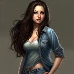 pretty girl, aged 17, brunette, conventionally attractive, realism, jeans, curvy,