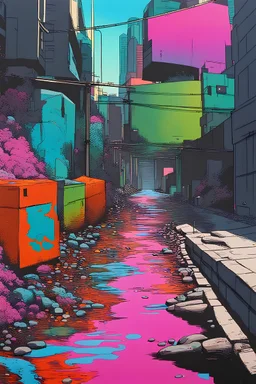 painting of a cyberpunk colourful natural walkway rubbish on the street in the city with pollution and a small bridge by a creek by andy warhold and replicant dreams androids and electric sheep