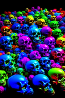 a field of 1000s of cartoonish, anatomically correct, skulls, vivid RANDOM BRIGHT neon colors, dark comedy, well lit, high detail, photorealistic, horrorcore, fun, scary, none featured, each a different color or hue,