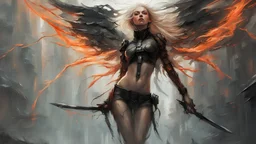 biomechanical women, beautiful, cyberpunk, dusty blonde, short square, large biomechanical black wings, sword, cybernetic, dynamic pose, rain, wind, ashes, flashes of fiery threads, sketch art, fine lines, grunge, sensual, darkness, dark colors, by Raymond Swanland & Alyssa Monks & Anna Razumovskaya