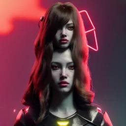 Pretty cyber woman, red long hair, sci-fi, rounded face, black, gold, brown, samurai style, retro, simetric, neon style, a lot of led lights, fog, rain, leather coat, vibrant color, highly detailed, art stations, concept art, smooth, unreal engine 5, god rays, ray tracing, RTX, lumen lighting, ultra detail, volumetric lighting, 3d, finely drawn, high definition, high resolution.