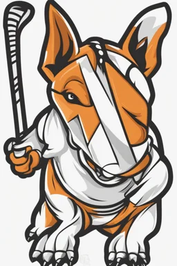 3/4 view bull-terrier hockey logo, thick lines, vector simplified, black white and orange