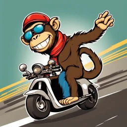 Monkey riding on a scooter making a wheelie with sunglasses on, cartoonize, logo