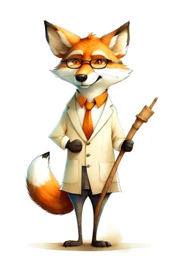 A fox with glasses, who carries wood planks and wearing a lab coat