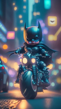 A Sharp Kawaii tiny hyper realistic baby batman riding mini harley davidson, wearing bikers clothes with freestyle action, night of cyberpunk city background. wide angle full body, 8k, Cinematography, photorealistic,epic composition Unreal Engine,Cinematic, Color Grading, Portrait Photography,Ultra-Wide Angle, Depth of Field, hyper detailed