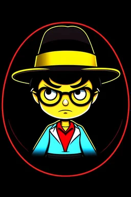 Gustavo Petro, comic style artwork, dark yellow, black, red and blue, with wide-brimmed hat, with white shirt, calm, chibi