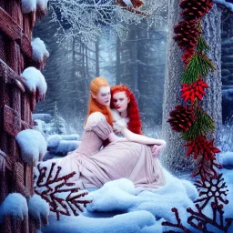 young Deborah Ann Woll and teen Robyn Lively, beautiful faces, meticulously detailed red hair; forest, snow, ethereal fantasy maximalist matte painting. Hues of Christmas. realistic. Victorian era, snowflakes, holly, pinecones, old fashioned, vintage, antique, beautiful, renaissance, 16k