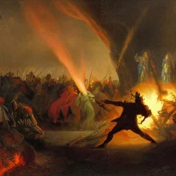 Priest smites demon with fire, armies battling in the background, romanticism.