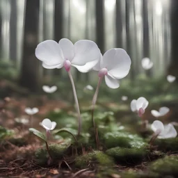 Wild white cyclamen, growing in the forest, close-up, blurred background