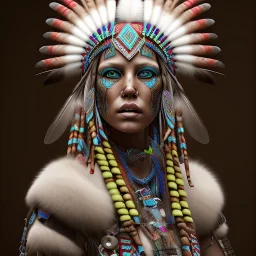 war painted pueblo Indian female, dark, disturbed expression.intricate detailethnically accurate face, intricate head dress, detailed make-up, detailed turquoise jewelry, detailed hair, detailed feathers, use dynamic palette, accurate proportions, high contrast.earnst haeckel style