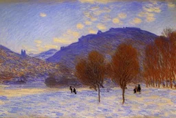 City near the mountains, and frozen lake, claude monet and lesser ury influence, realistic painting