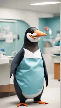 Un pingouin portant l'uniforme d'un dentiste à l'intérieur de la clinique