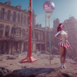 Ultra realistic circus scene. Classic acrobat woman, waist up view, Wes Anderson style, happy, bubbles, highly detailed, concept art, unreal engine 5, god rays, ray tracing, RTX, lumen lighting, ultra detail, volumetric lighting, 3d, finely drawn, high definition, high resolution.