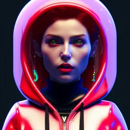 Pretty italian woman, rounded face, bubble gum, red, green, red, hoodie, feathers, retro, latex, leather, soft color, highly detailed, art stations, concept art, smooth, unreal engine 5, god rays, ray tracing, RTX, lumen lighting, ultra detail, volumetric lighting, 3d, finely drawn, high definition, high resolution, neon background.