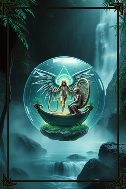 sacred geometry framed action figure card of a crucified alien necrophyte electric eel necromancer angel on round swamp transparent glass obcidian boat beholder eye wheel throne in a charged foggy jungle waterfall inside big water filled crystall ball, with withered filmgrain