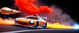 award winning car and driver photograph of a futuristic station wagon dirigible hybrid designed by only one vehicle per image painted metallic orange traveling at a high rate of speed, jet intake off of front center of vehicle and jet exhaust out the rear with bright blue flame, bilaterally symetrical, more a high speed road vehicle